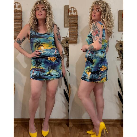 90s Slinky Hawaiian Print Mini Dress - Picture 1 of 8
